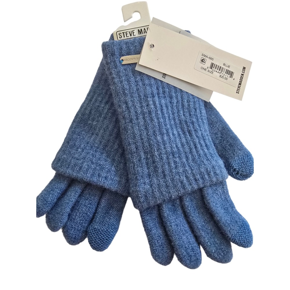 Steve Madden Womens Blue Tech Touch Knit Gloves Ribbed Cuff NWT One Size